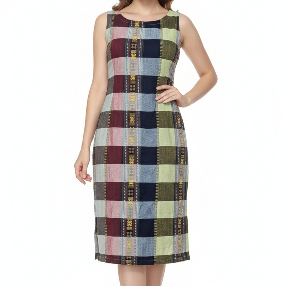 Women's‎ Retro Woven Checkered Sleeveless Shirt Dress Boho Folk Cottagecore